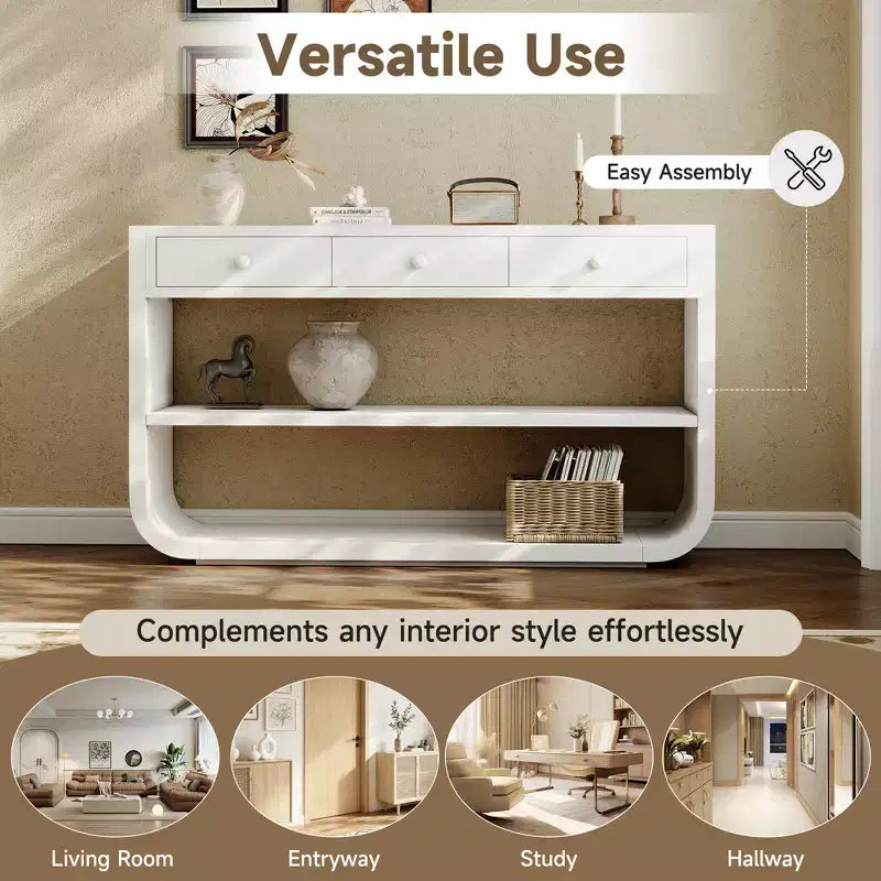 ModernLuxe Tavolo curvo da ingresso, Tavolo consolle, Tavolino da divano, Espositore, Tavolino d'appoggio con 3 cassetti a chiusura ammortizzata e 2 ripiani aperti