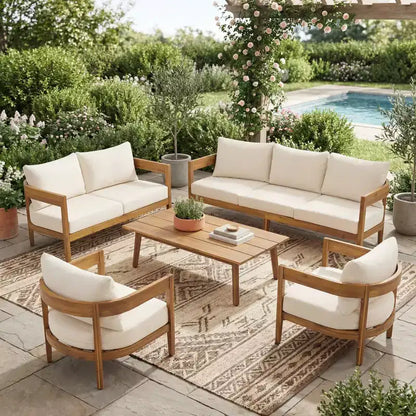Christopher Knight Home Safira Ensemble de conversation 5 pièces en bois d'acacia rustique pour patio avec coussins épais