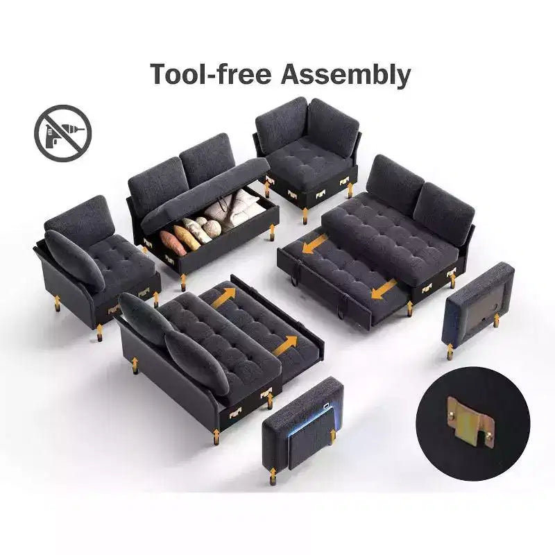 Divano componibile Dyonery a 8 posti a U con letto estraibile/schienale reclinabile/porte USB/tavolo/vano contenitore, montaggio senza attrezzi