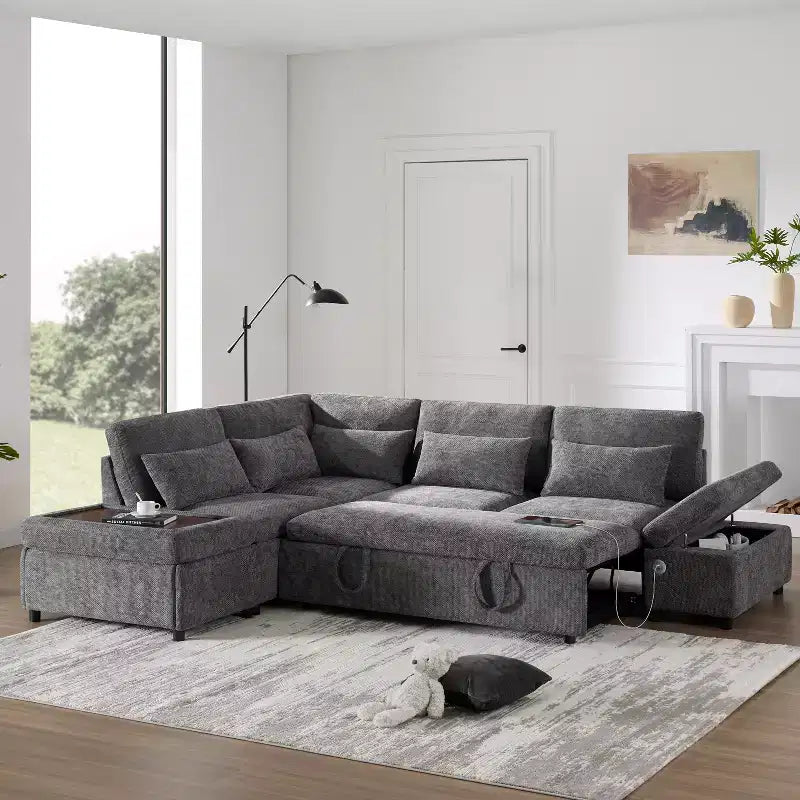 Canapé-lit modulaire sectionnel Whisen 270 - 6 places en forme de L avec pouf de rangement, canapé en chenille, personnalisable pour salon et appartement