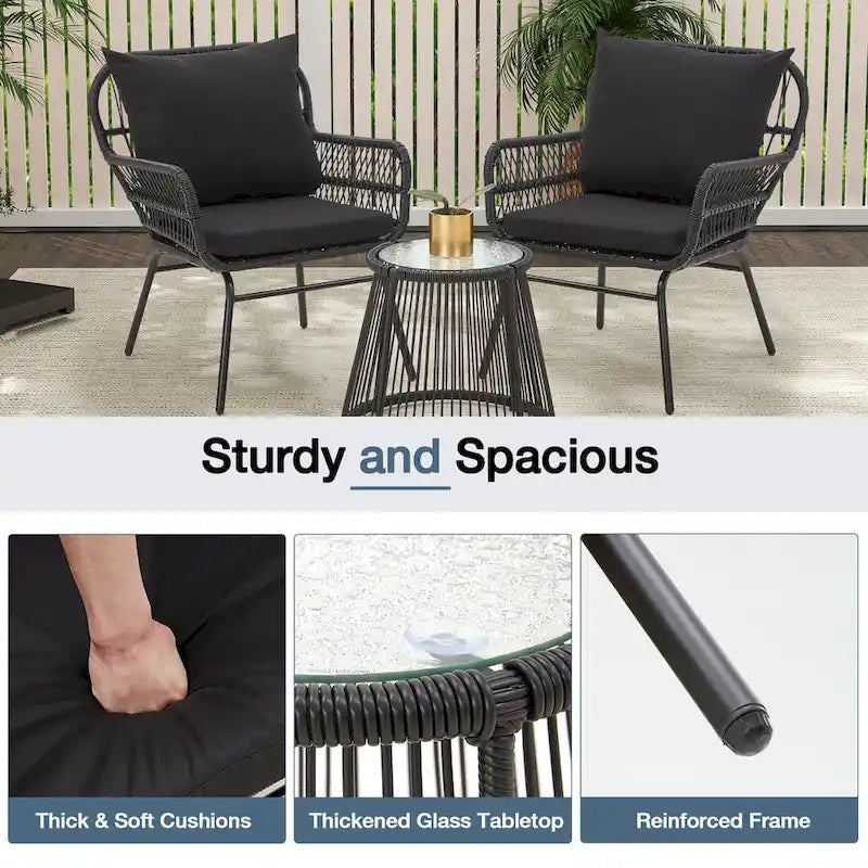 Set da Bistrot da Esterno in Rattan da 3 Pezzi, Set di Mobili da Giardino con Tavolo in Vetro e 2 Ampie Poltrone, Cuscini Inclusi