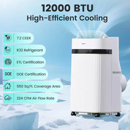 Costway Climatiseur portable 12000 BTU avec ventilateur et déshumidificateur, mode veille, minuterie 24h