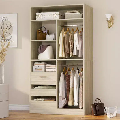 Organisateur de placard avec tiroirs en bois, système de rangement autoportant avec tringles de suspension