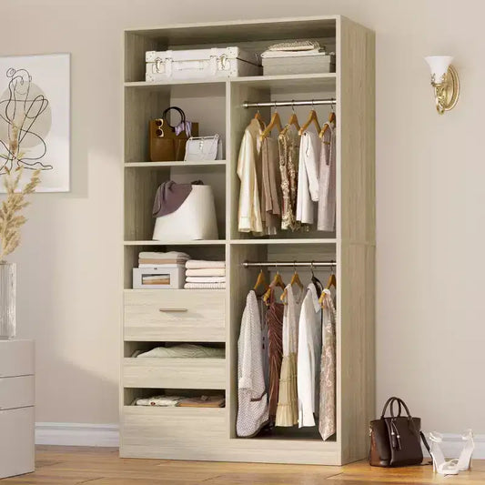 Organizzatore per armadio con cassetti in legno, sistema guardaroba autoportante con aste appendiabiti