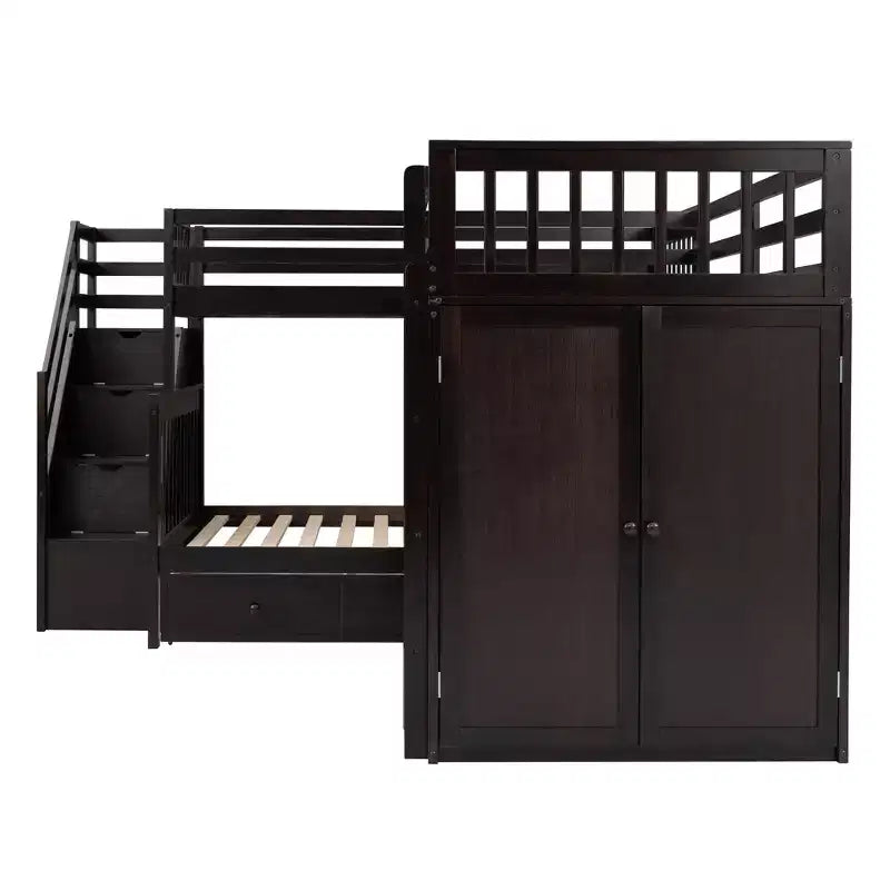 Lit superposé en L Whisen Modern Design (jumeau sur grand) avec 3 tiroirs, bureau portable et armoire