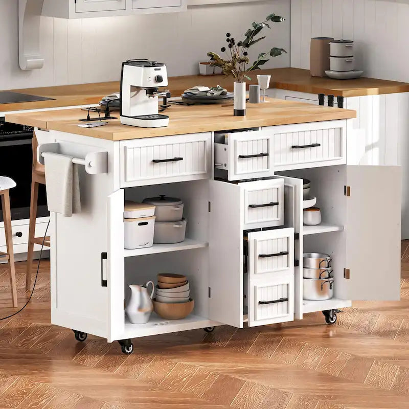 Isola per Cucina da 56,5 Pollici con Piano Ribaltabile e Stazione di Ricarica, Carrello da Cucina su Ruote con Cassetti e Ripiani Regolabili