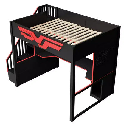 Lit superposé pleine grandeur Whisen avec bureau et escalier de rangement – Rouge et noir