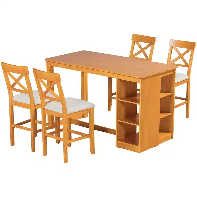 Set da pranzo a 5 pezzi in stile rustico ad altezza bancone per 4 persone, set da tavolo da bar in legno con ripiani e 4 sedie imbottite