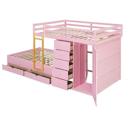 Lit superposé complet Whisen avec 2 grands tiroirs, 5 petits tiroirs et petite armoire