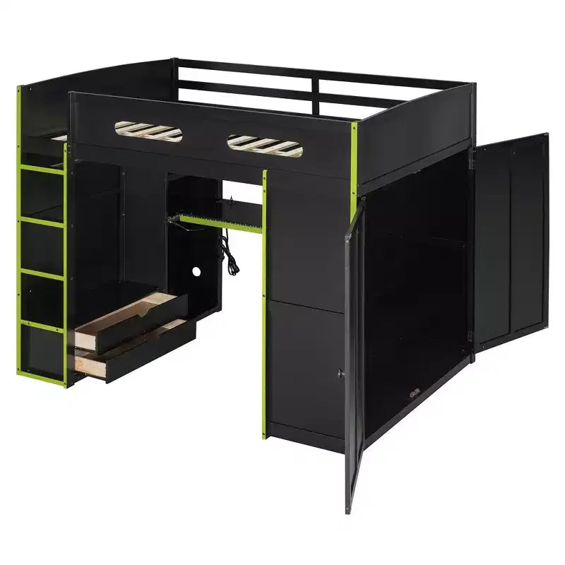 Merax Letto a soppalco a una piazza e mezza con scrivania, armadio, luci LED RGB e porta di ricarica USB Elegante struttura nera con spazio multi-contenitore per gli amanti dei giochi