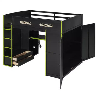 Merax Letto a soppalco a una piazza e mezza con scrivania, armadio, luci LED RGB e porta di ricarica USB Elegante struttura nera con spazio multi-contenitore per gli amanti dei giochi
