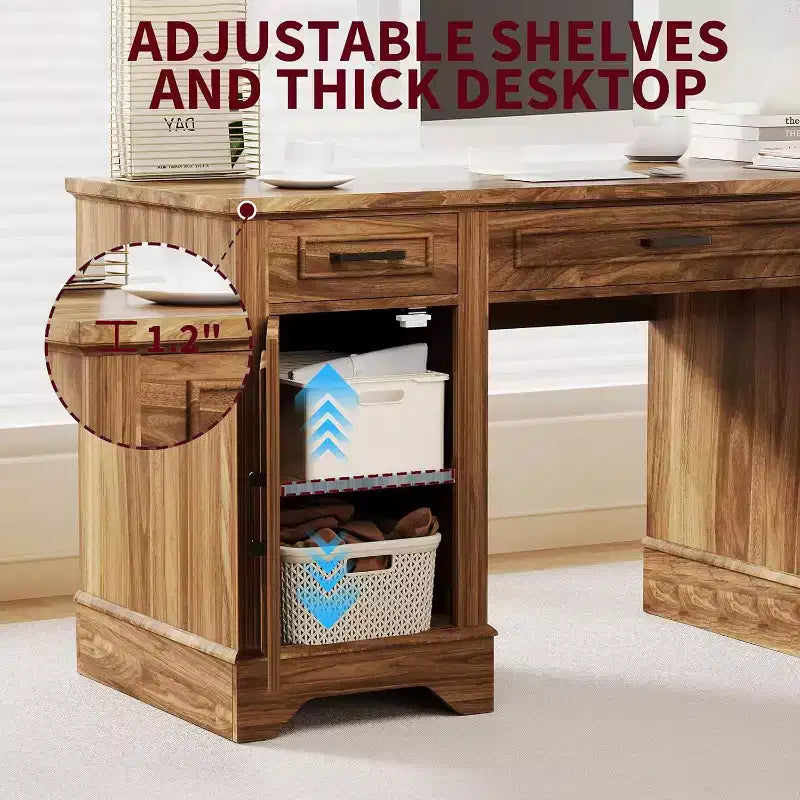 Bureau exécutif de ferme avec rangement, Bureau d'écriture en bois avec 5 tiroirs et armoire, Table d'ordinateur rustique pour salon, chambre à coucher, bureau