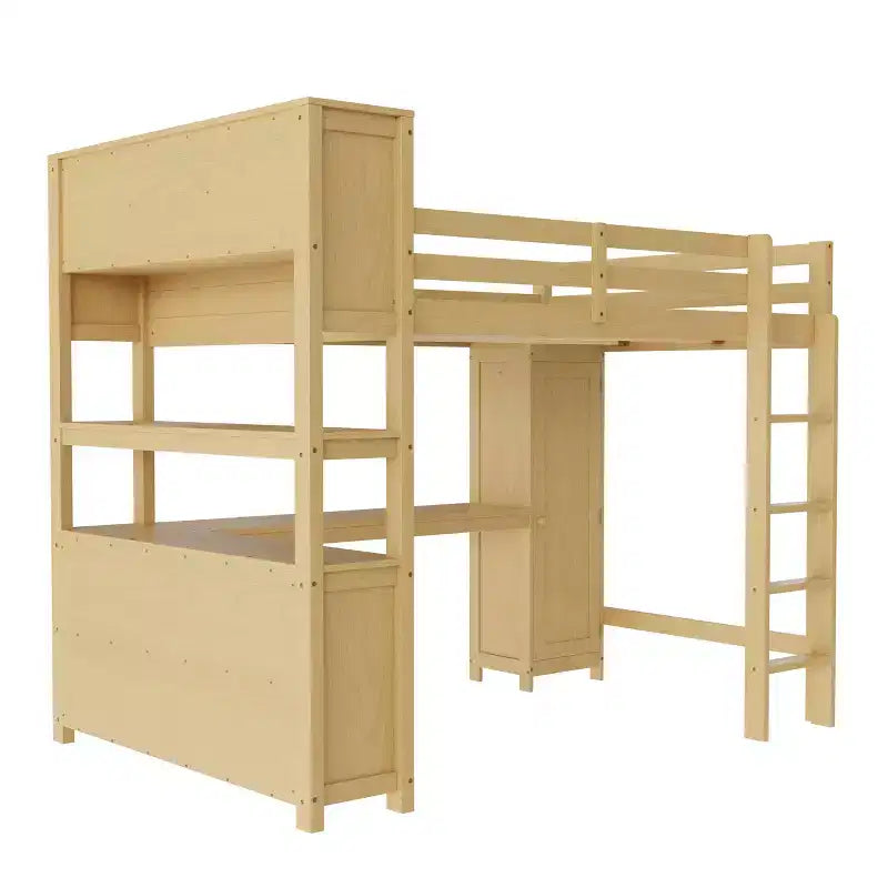 Letto a soppalco in legno con armadio e libreria, letto a soppalco Queen Size con guardaroba e scrivania per bambini, naturale