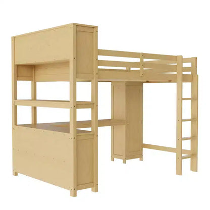 Letto a soppalco in legno con armadio e libreria, letto a soppalco Queen Size con guardaroba e scrivania per bambini, naturale