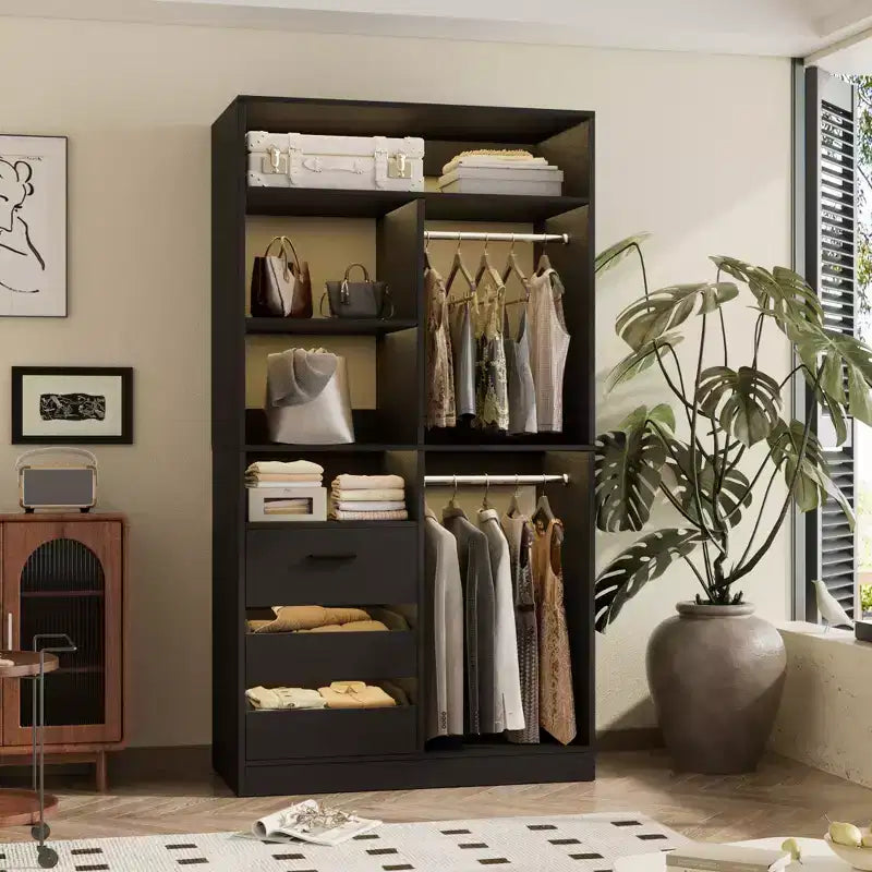 Organisateur de placard avec tiroirs en bois, système de rangement autoportant avec tringles de suspension