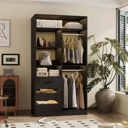 Organisateur de placard avec tiroirs en bois, système de rangement autoportant avec tringles de suspension