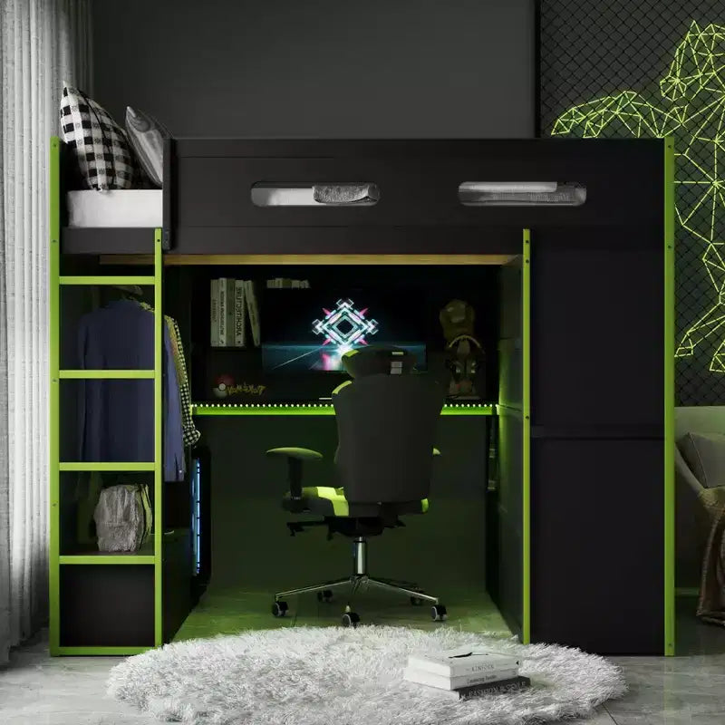 Merax Letto a soppalco a una piazza e mezza con scrivania, armadio, luci LED RGB e porta di ricarica USB Elegante struttura nera con spazio multi-contenitore per gli amanti dei giochi