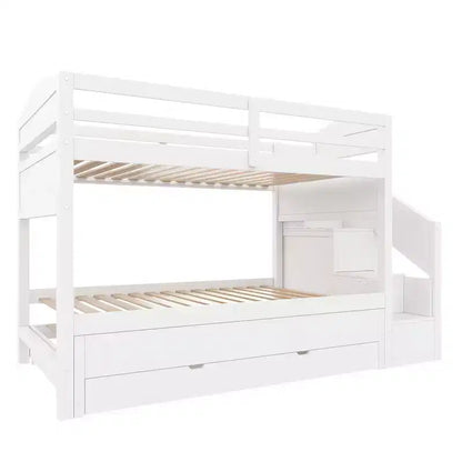 Lit superposé Whisen Twin XL avec lit gigogne, lit superposé avec rangement, lit superposé en bois massif, escalier de rangement, armoire, 3 tiroirs, pour enfants