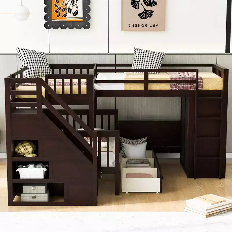Lit superposé en L Whisen Modern Design (jumeau sur grand) avec 3 tiroirs, bureau portable et armoire