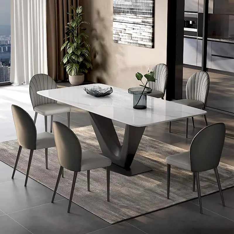 Tavolo da Pranzo Rettangolare Moderno Bianco per 6 Persone, Gambe in Acciaio al Carbonio Nero, Tavolo da Cucina - 71
