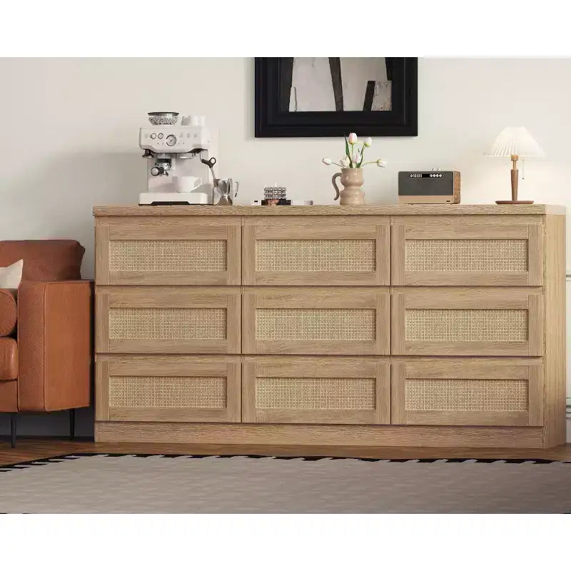 Comò per camera da letto, cassettiera a 9 cassetti in rattan per armadio, cassettiere e cassettoni doppi in legno