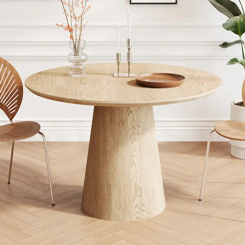 Table de salle à manger ronde pour 4-6 personnes, en bois naturel avec pied conique en bois, style rustique minimaliste