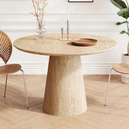 Table de salle à manger ronde pour 4-6 personnes, en bois naturel avec pied conique en bois, style rustique minimaliste