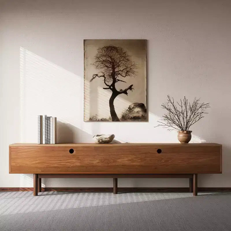 Meuble TV Mid-Century Modern 86,6 po en bois massif, console média avec espace de rangement, couleur naturelle