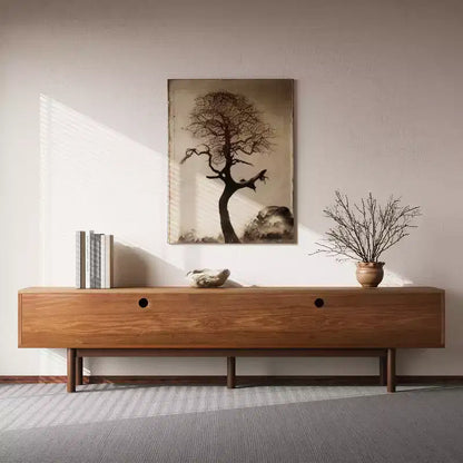 Meuble TV Mid-Century Modern 86,6 po en bois massif, console média avec espace de rangement, couleur naturelle