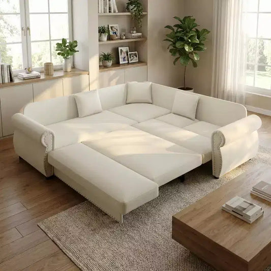 Divano Letto a L Homy Casa 88 con Letto Estraibile, Rivestimento in Ciniglia, 5 Posti, Beige