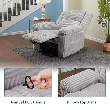 Poltrona reclinabile in velluto a coste, Divano reclinabile manuale con maniglia, Braccioli imbottiti, Imbottitura spessa, Tasca laterale, Soggiorno, Camera da letto, Home Theater, Grigio scuro