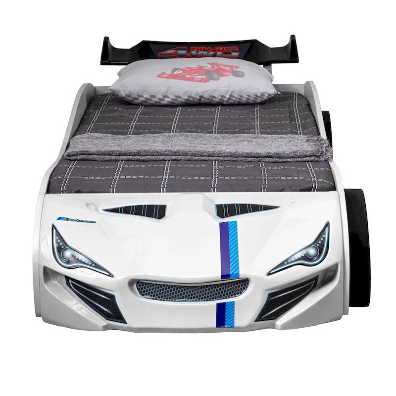 Lit enfant voiture de course double avec lit gigogne, finition brillante, pas besoin de sommier tapissier