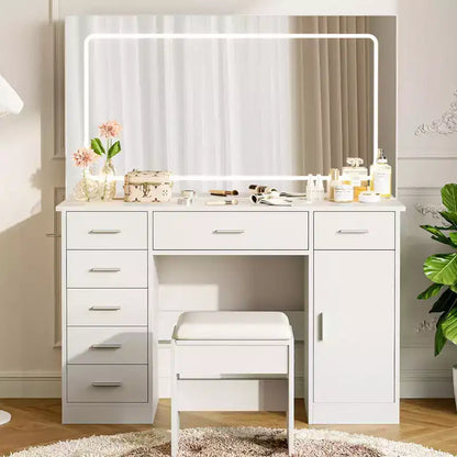 Toeletta Trucco con Specchio a LED a 3 Modalità e Prese di Ricarica, Grande Scrivania da Trucco con 7 Cassetti e Mobile Contenitore, Tavolo da Toeletta Moderno