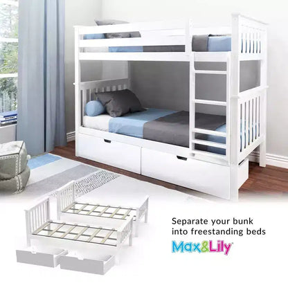 Letto a castello in legno massello singolo su singolo per bambini con cassetti portaoggetti sotto il letto