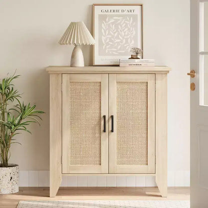 Madia Credenza Rattan da 76cm con Ante e Ripiani, Mobile Consolle in Legno per Soggiorno, Sala da Pranico, Cucina, Rovere Naturale