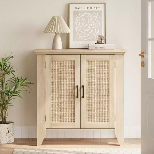 Madia Credenza Rattan da 76cm con Ante e Ripiani, Mobile Consolle in Legno per Soggiorno, Sala da Pranico, Cucina, Rovere Naturale