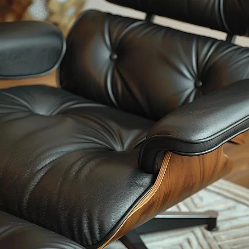 Chaise longue et pouf d'appoint en cuir pleine fleur de style Mid-century