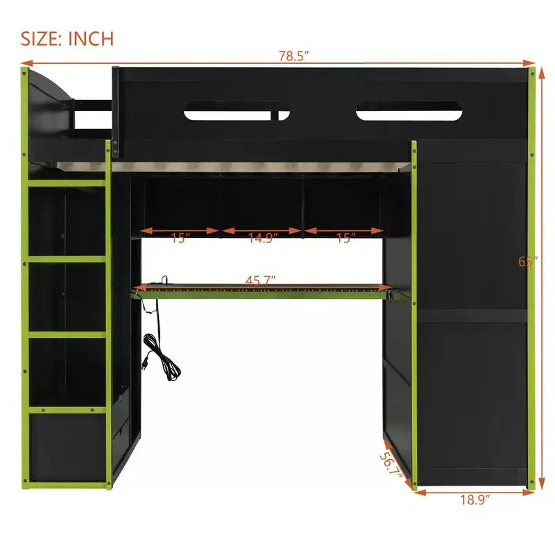 Merax Letto a soppalco a una piazza e mezza con scrivania, armadio, luci LED RGB e porta di ricarica USB Elegante struttura nera con spazio multi-contenitore per gli amanti dei giochi