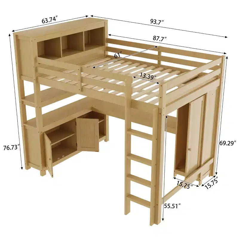Letto a soppalco in legno con armadio e libreria, letto a soppalco Queen Size con guardaroba e scrivania per bambini, naturale