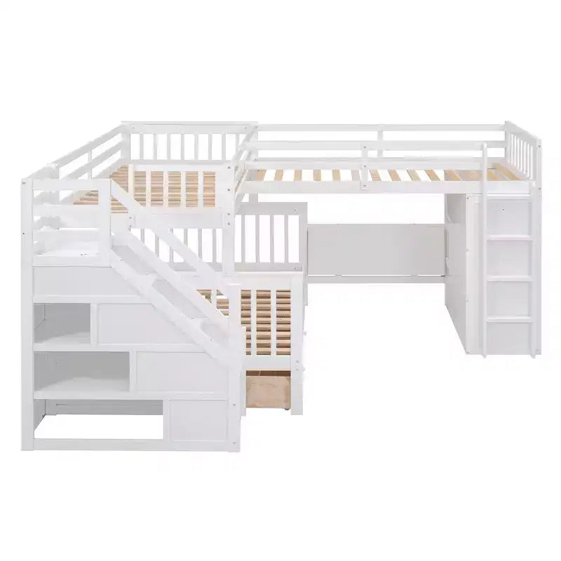 Lit superposé en L Whisen Modern Design (jumeau sur grand) avec 3 tiroirs, bureau portable et armoire
