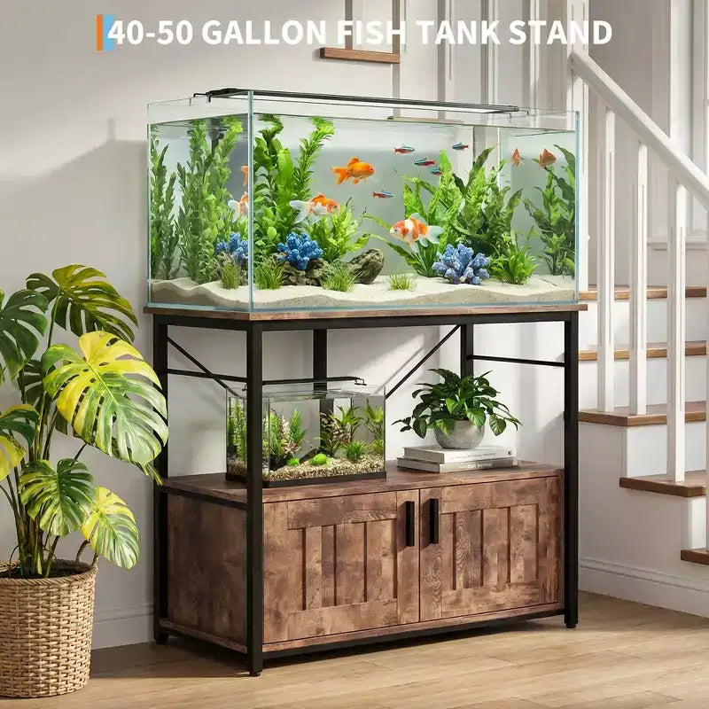 Supporto per acquario resistente per vasche da 150-190 litri, mobile in metallo e legno, capacità 300 kg, porta accessori per pesci, organizer elegante per la casa