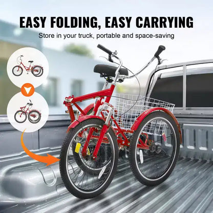 Tricycle pliant adulte VEVOR, Tricycle pliant adulte de 24 pouces, Vélo cruiser à 3 roues en acier au carbone avec grand panier et selle réglable