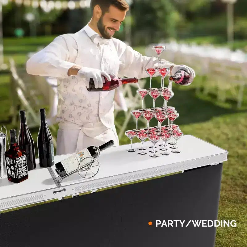 VINGLI Table de bar portable 78, 2 étagères, table de bar mobile pour événements, fêtes, camping, pique-niques, salons professionnels, intérieur avec jupe noire