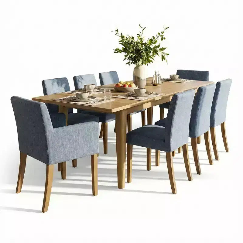Set da pranzo da 9 pezzi con prolunga, include 6 sedie senza braccioli e 2 poltrone in lino neutro, gambe in legno massello, stile moderno-Panipeachy