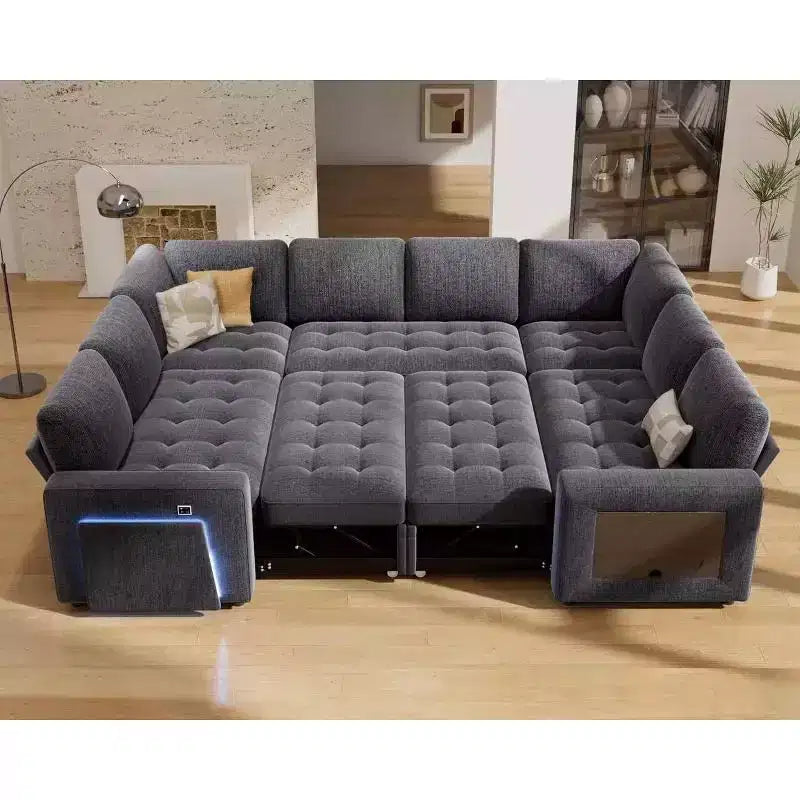 Divano componibile Dyonery a 8 posti a U con letto estraibile/schienale reclinabile/porte USB/tavolo/vano contenitore, montaggio senza attrezzi