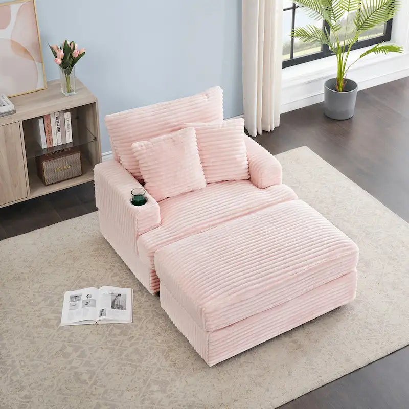 Divano Poltrona Singola in Velluto a Coste Rosa 39.37 con Pouf e Portabicchieri