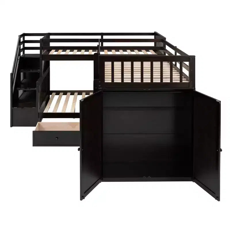 Lit superposé en L Whisen Modern Design (jumeau sur grand) avec 3 tiroirs, bureau portable et armoire