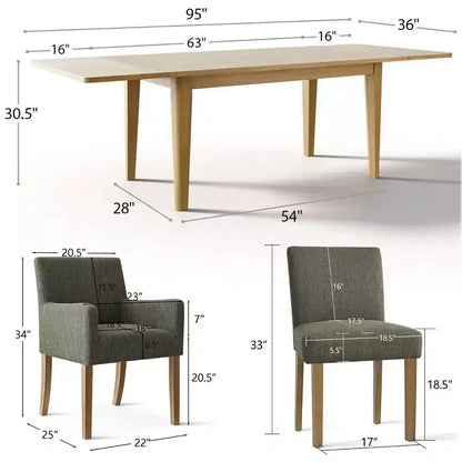 Set da pranzo da 9 pezzi con prolunga, include 6 sedie senza braccioli e 2 poltrone in lino neutro, gambe in legno massello, stile moderno-Panipeachy