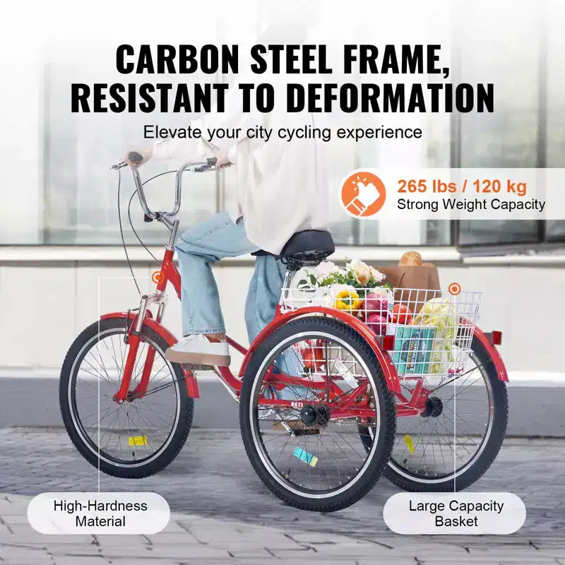 Tricycle pliant adulte VEVOR, Tricycle pliant adulte de 24 pouces, Vélo cruiser à 3 roues en acier au carbone avec grand panier et selle réglable