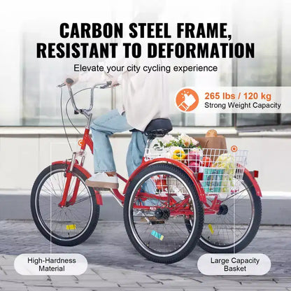 Tricycle pliant adulte VEVOR, Tricycle pliant adulte de 24 pouces, Vélo cruiser à 3 roues en acier au carbone avec grand panier et selle réglable